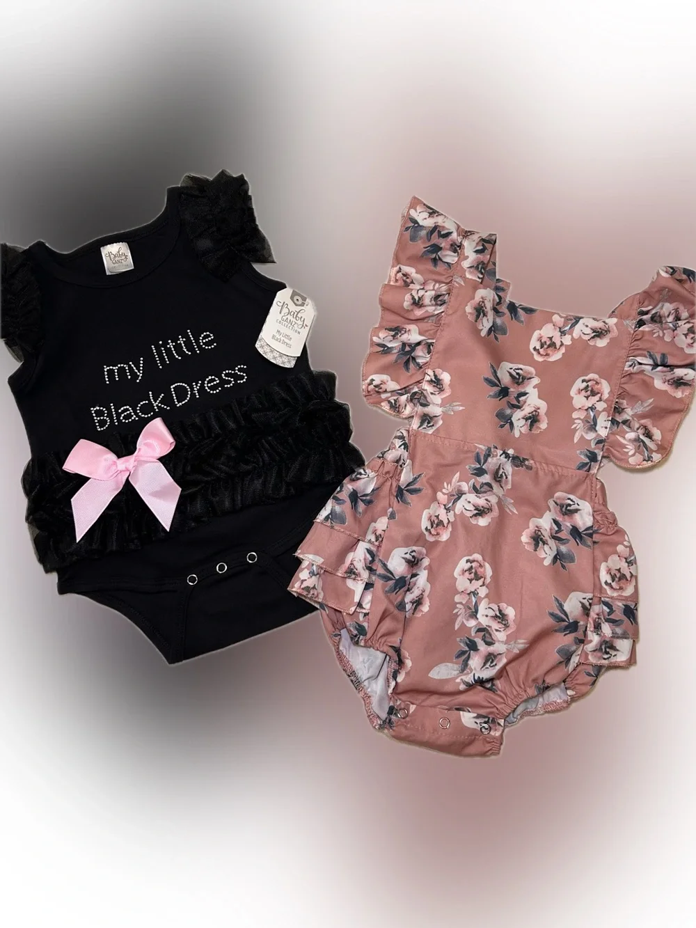 GANZ Baby Girl Black Ruffle Bodysuit & Pink Floral Ruffle One-Piece Set 12-24 Mo